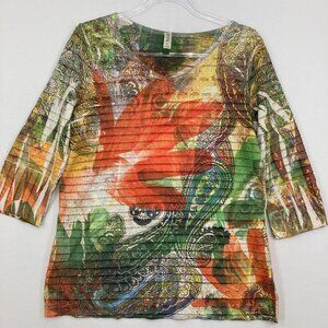 Cubism size XL V Neck Colorful Artsy Abstract Print 3/4 Sleeve Stretch Top